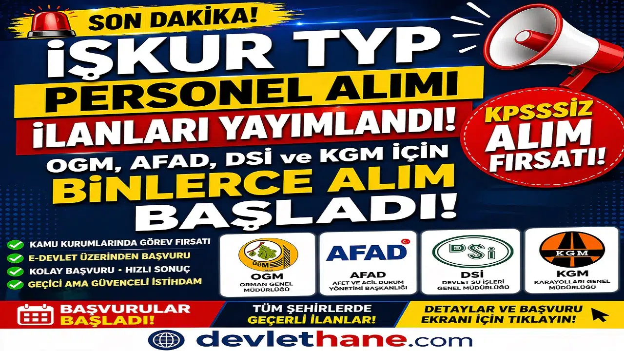 İŞKUR TYP Personel Alımı İlanları Yayımlandı! OGM, AFAD, DSİ ve KGM İçin Binlerce Alım Başladı