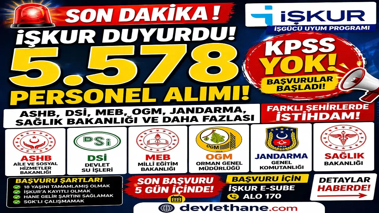 KPSS’siz Dev Alım Başladı! ASHB, DSİ, MEB, OGM, Jandarma ve Sağlık Bakanlığı 5578 İUP Personel Alımı Yapıyor