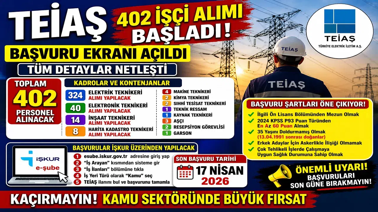 TEİAŞ 402 İşçi Alımı Başladı! Başvuru Ekranı Açıldı, Detaylar Belli Oldu