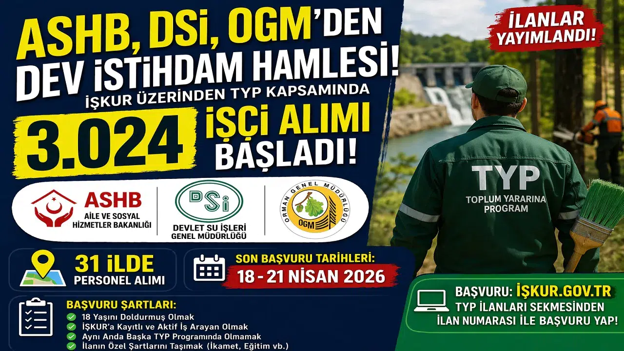 ASHB, DSİ ve OGM’den Dev Personel Alımı: 31 İlde 3.024 Kişilik TYP Fırsatı! İlan Numaraları ve Başvuru Şartları Açıklandı