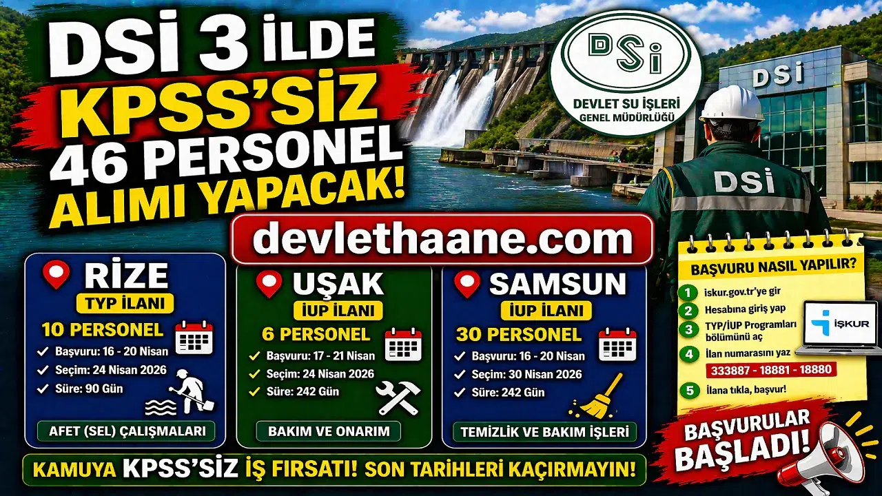DSİ 3 İlde KPSS’siz 46 Personel Alımı Yapacak! İŞKUR Başvuruları Başladı