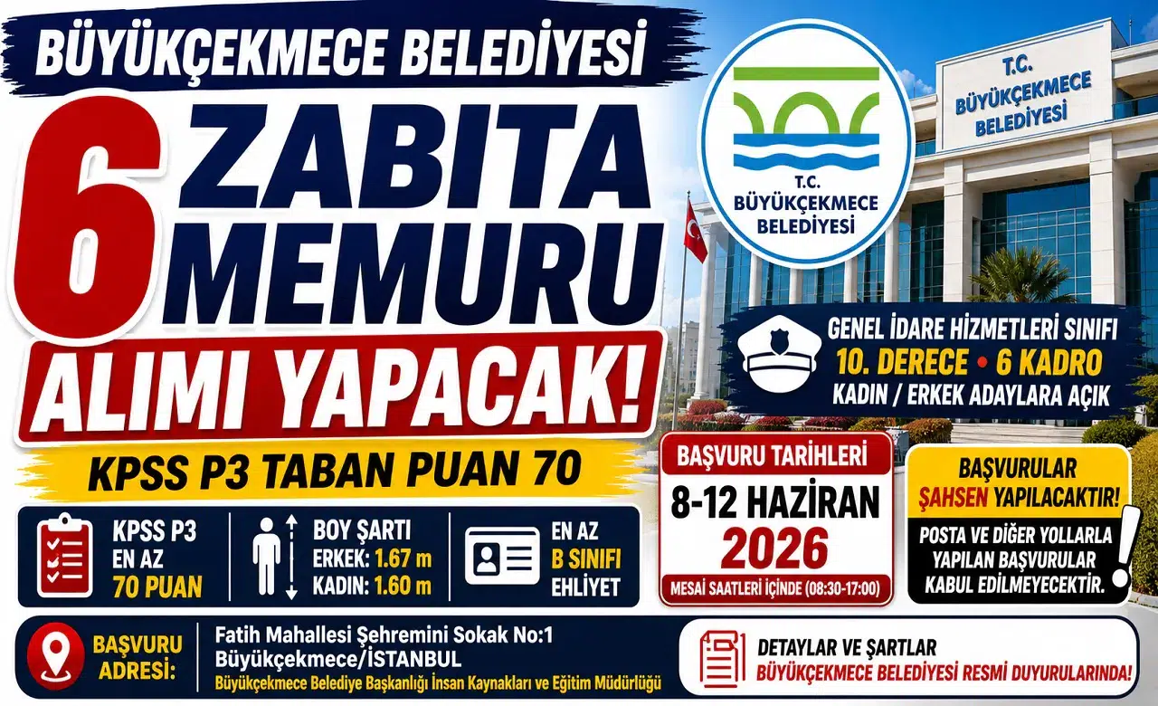 Büyükçekmece Belediyesi 6 Zabıta Memuru Alımı Yapacak! KPSS 70 Şartı ve Başvuru Detayları Açıklandı