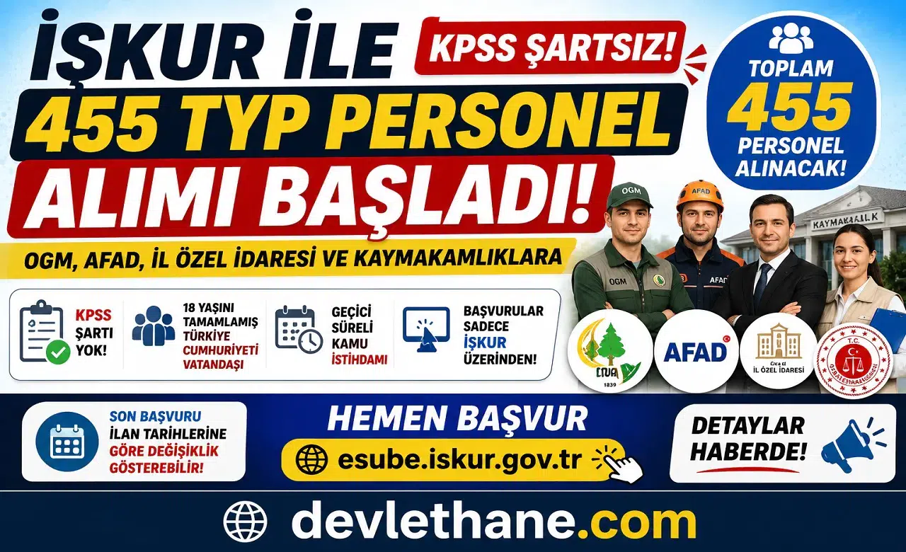 İŞKUR 455 TYP Personel Alımı Başladı! OGM, AFAD, Kaymakamlık ve İl Özel İdaresine KPSS Şartsız Personel Alınacak