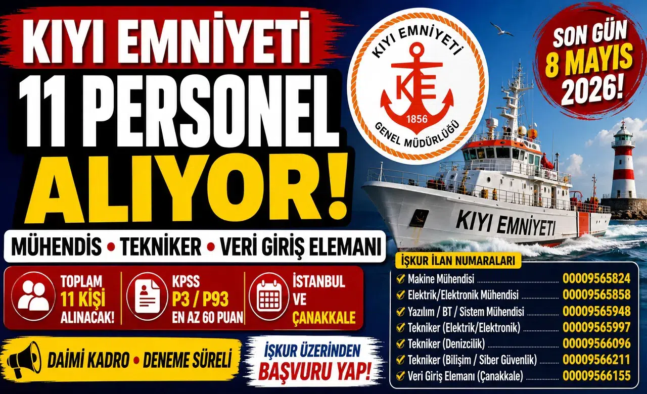 Kıyı Emniyeti 11 Personel Alımı Yapacak! Mühendis, Tekniker ve Veri Giriş Kadroları Açıldı
