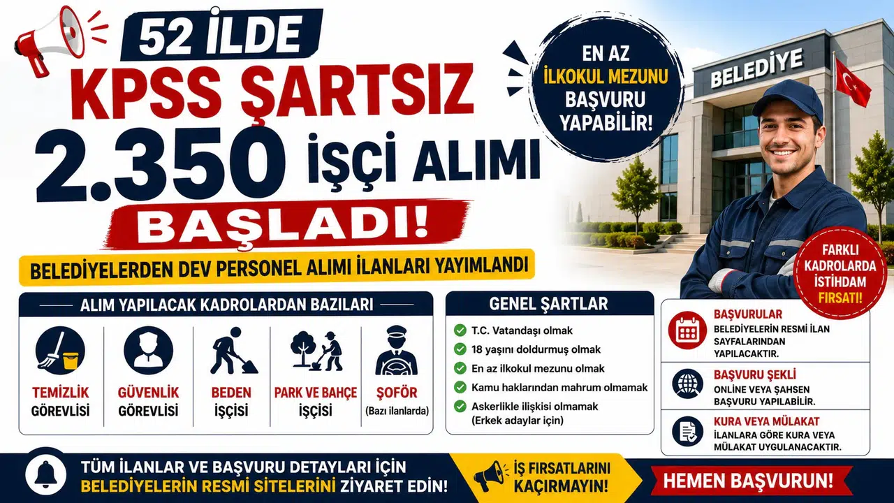 52 İlde KPSS Şartsız 2.350 İşçi Alımı Başladı! Belediyelerden Dev Personel Alımı İlanları Yayımlandı