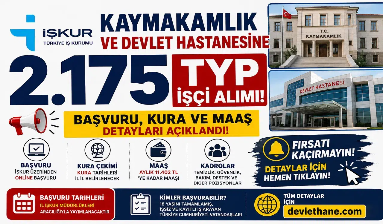 İŞKUR'dan Kaymakamlık ve Devlet Hastanesine 2.175 TYP İşçi Alımı! Başvuru, Kura ve Maaş Detayları Açıklandı