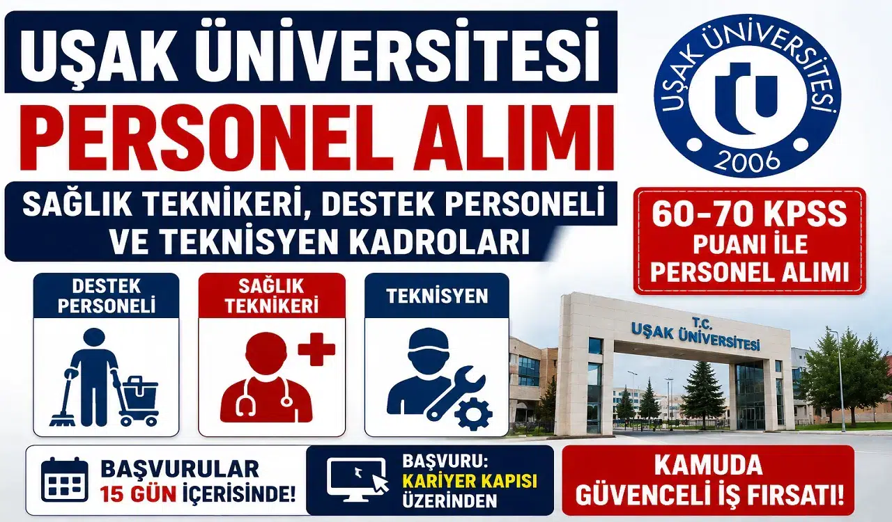 Uşak Üniversitesi 60 ve 70 KPSS ile Personel Alımı Yapacak! Sağlık Teknikeri, Destek Personeli ve Teknisyen Kadroları İçin Başvurular Başladı