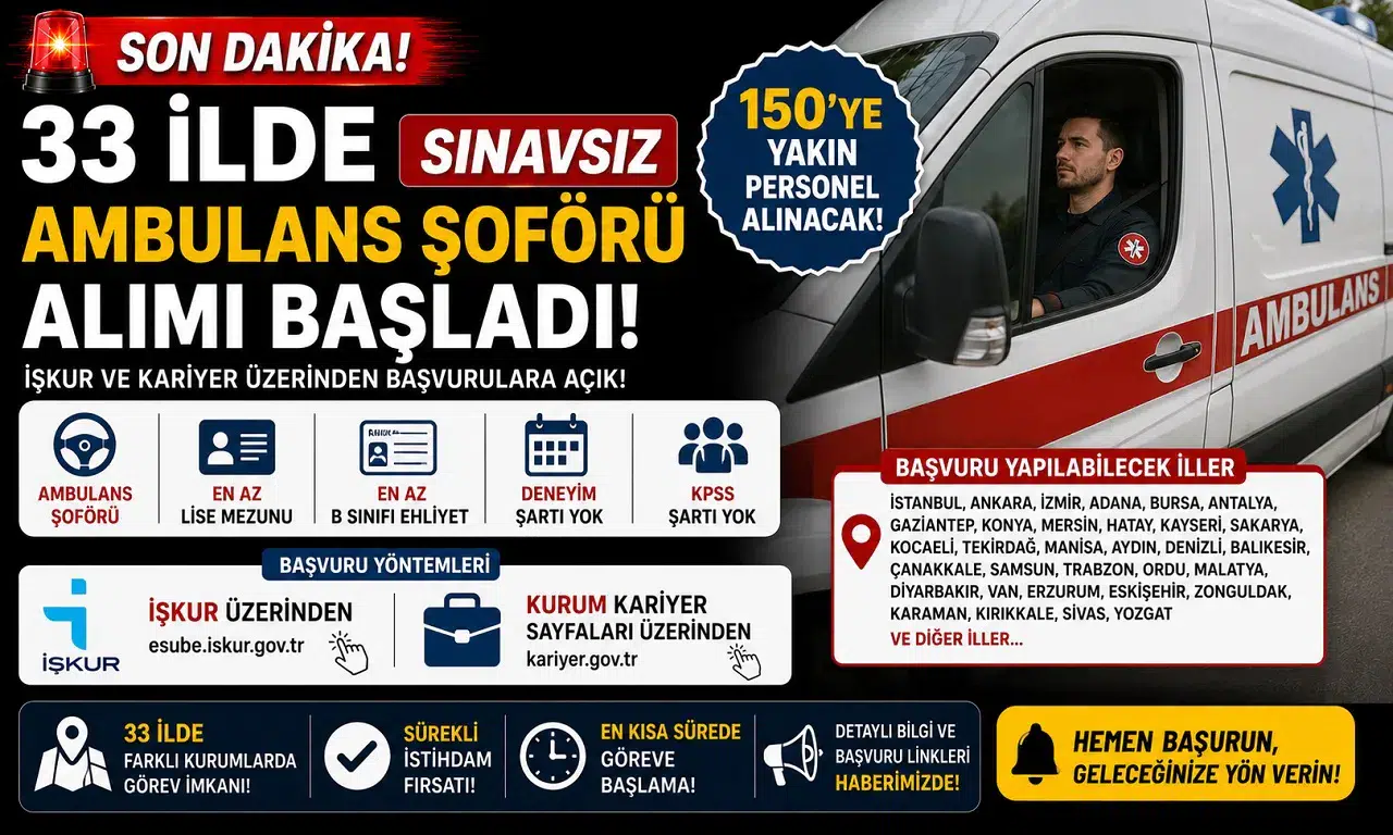 33 İlde Sınavsız Ambulans Şoförü Alımı Başladı! İŞKUR ve Kariyer Üzerinden 150'ye Yakın Personel Alınacak