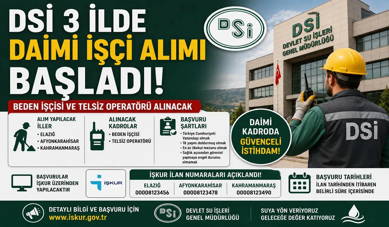 DSİ 3 İlde Daimi İşçi Alımı Başladı! Beden İşçisi ve Telsiz Operatörü Alınacak, İŞKUR İlan Numaraları Açıklandı