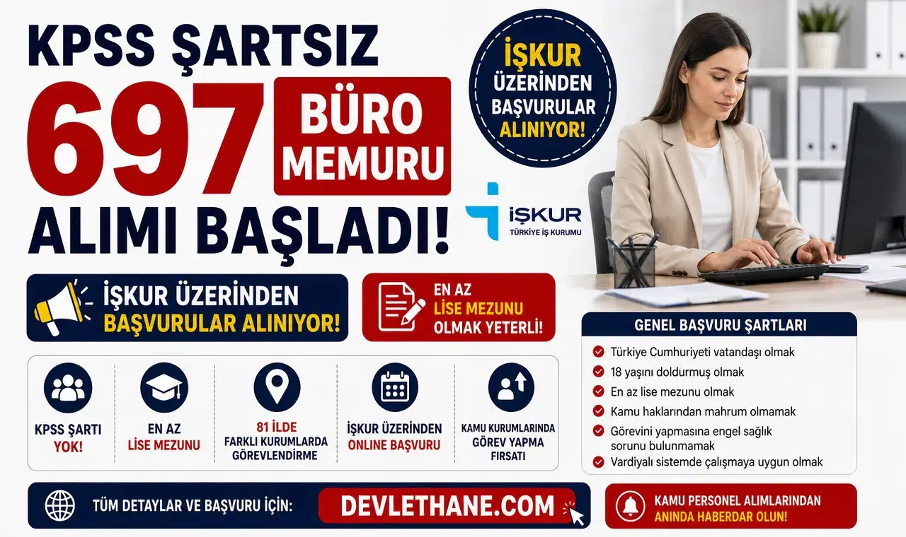 İŞKUR'dan KPSS Şartsız 697 Büro Memuru Alımı! En Az Lise Mezunları Başvurabilecek