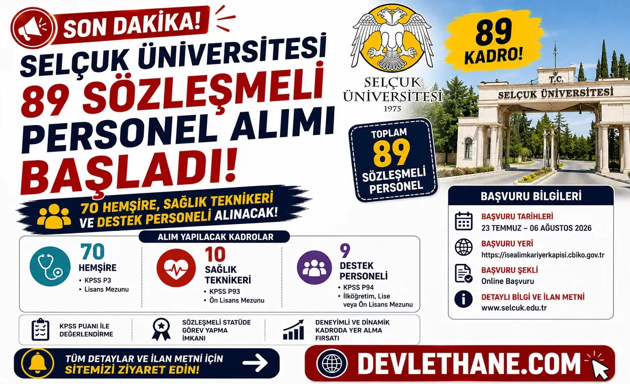 Selçuk Üniversitesi 89 Sözleşmeli Personel Alımı Başladı! 70 Hemşire, Sağlık Teknikeri ve Destek Personeli Alınacak