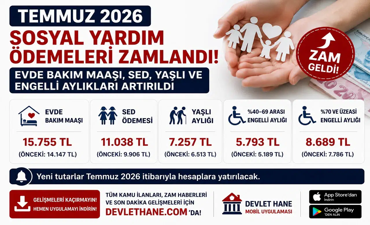 Temmuz 2026 Sosyal Yardım Ödemeleri Zamlandı! Evde Bakım Maaşı, SED, Yaşlı ve Engelli Aylıkları Artırıldı