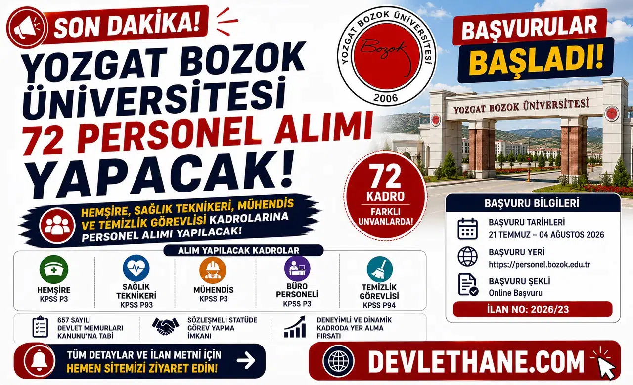 Yozgat Bozok Üniversitesi 72 Personel Alımı Yapacak! Hemşire, Sağlık Teknikeri, Mühendis ve Temizlik Görevlisi Başvuruları Başladı