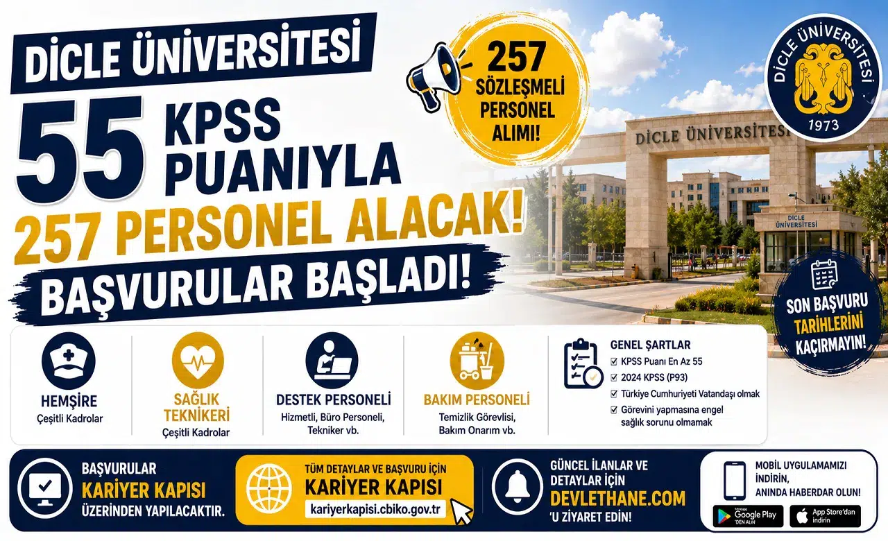 Dicle Üniversitesi 55 KPSS Puanıyla 257 Personel Alacak! Başvurular Başladı