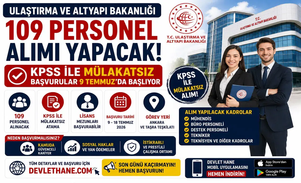 Ulaştırma ve Altyapı Bakanlığı 109 Personel Alımı Yapacak! KPSS ile Mülakatsız Başvurular 9 Temmuz'da Başlıyor