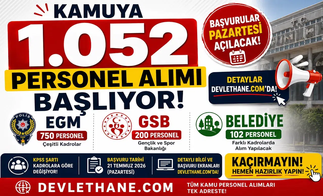 Kamuya 1.052 Personel Alımı Başlıyor! EGM, GSB ve Belediye Başvuruları Pazartesi Açılacak