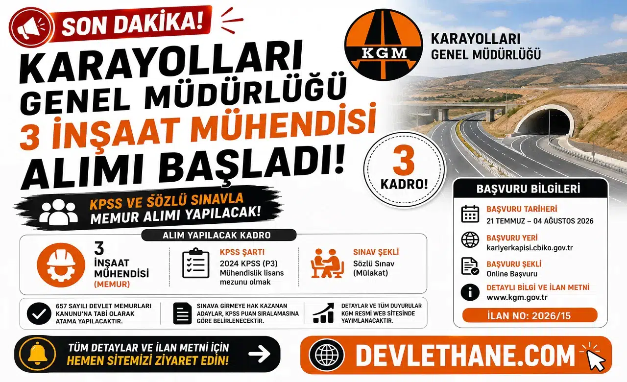 Karayolları Genel Müdürlüğü 3 İnşaat Mühendisi Alımı Başladı! KPSS ve Sözlü Sınavla Memur Alımı Yapılacak