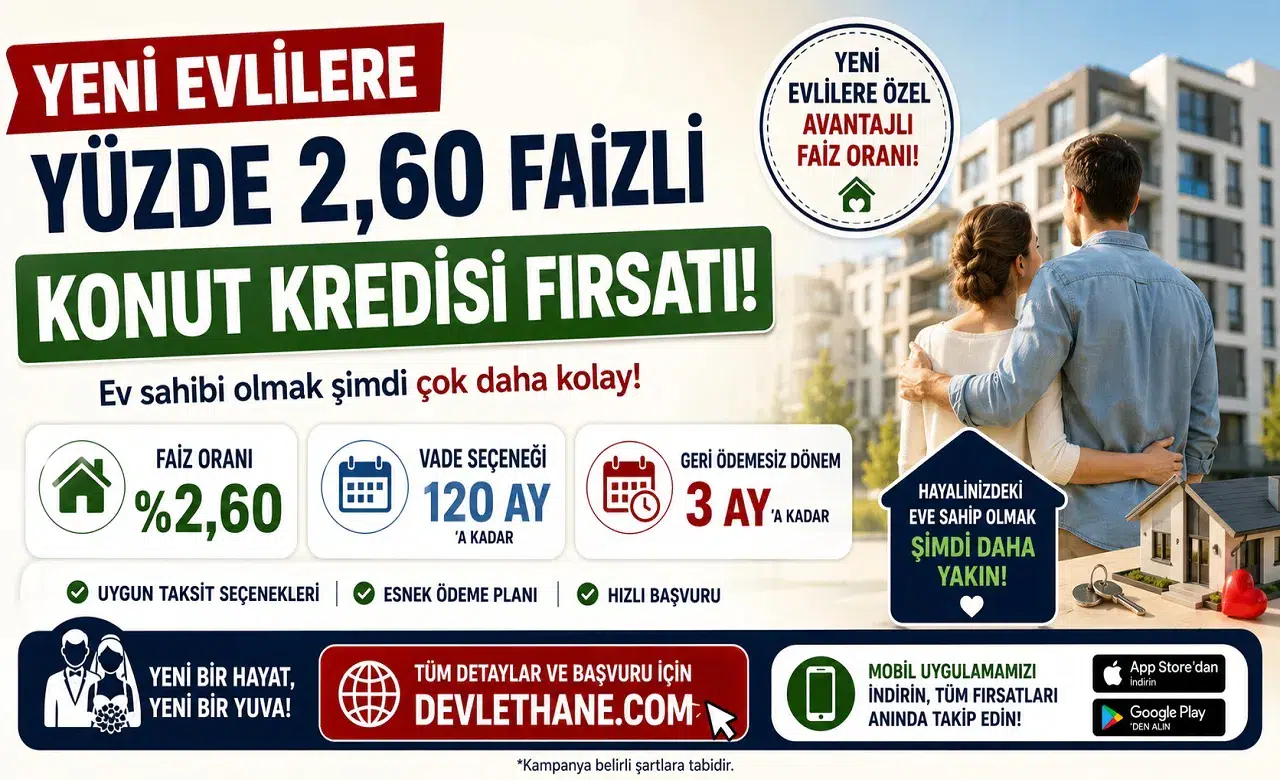 Yeni Evlilere Yüzde 2,60 Faizli Konut Kredisi Fırsatı! 120 Ay Vade ve 3 Ay Erteleme Seçeneği Açıklandı
