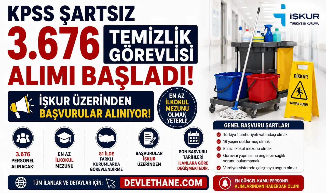 KPSS Şartsız 3.676 Temizlik Görevlisi Alımı Başladı! İŞKUR Üzerinden Başvurular Alınıyor