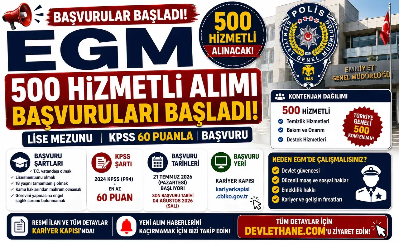 EGM 500 Hizmetli Alımı Başvuruları Başladı! Lise Mezunu KPSS 60 Puanla Başvuru