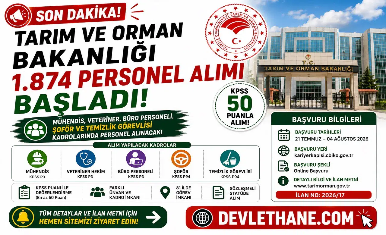 Tarım ve Orman Bakanlığı 1.874 Personel Alımı Başladı! KPSS 50 Puanla Mühendis, Veteriner, Büro Personeli, Şoför ve Temizlik Görevlisi Alınacak