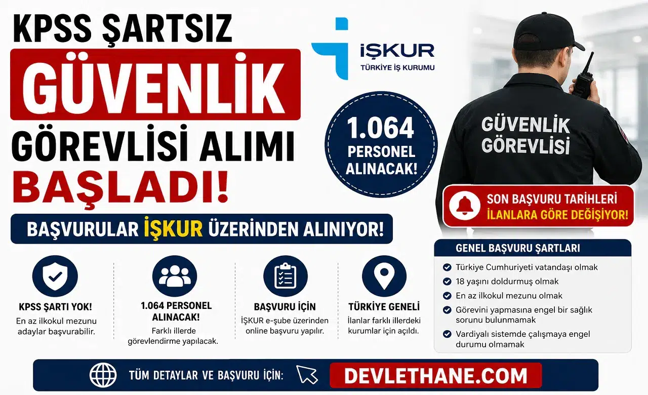 KPSS Şartsız Güvenlik Görevlisi Alımı Başladı! İŞKUR Üzerinden 1.064 Personel Alınacak
