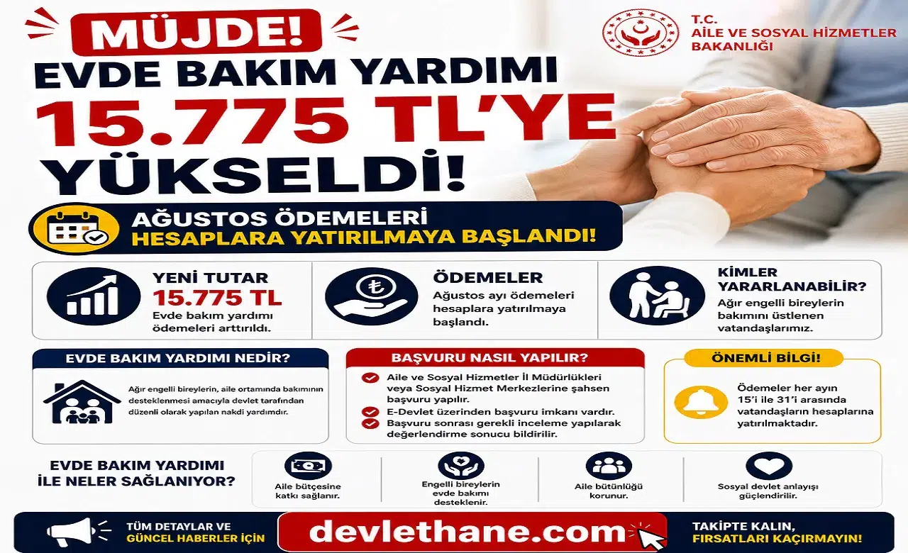 Evde Bakım Yardımı 15.775 TL’ye Yükseldi: Ağustos Ödemeleri Hesaplara Yatırılmaya Başlandı
