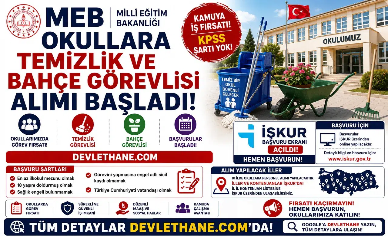 MEB Okullara Temizlik ve Bahçe Görevlisi Alımı Başladı: İŞKUR Başvuru Şartları ve İller