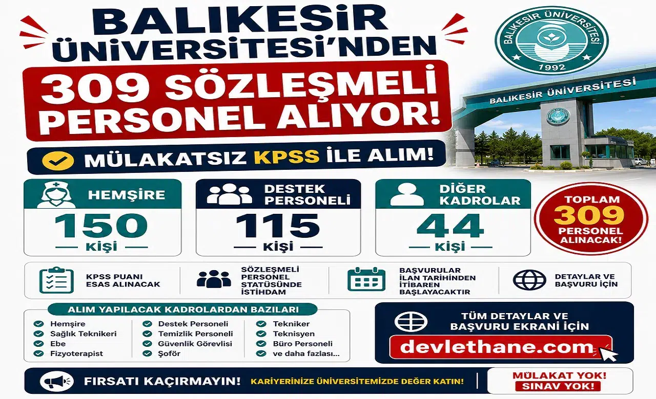 Balıkesir Üniversitesi 309 Sözleşmeli Personel Alıyor: 150 Hemşire, 115 Destek Personeli ve Mülakatsız KPSS ile Alım