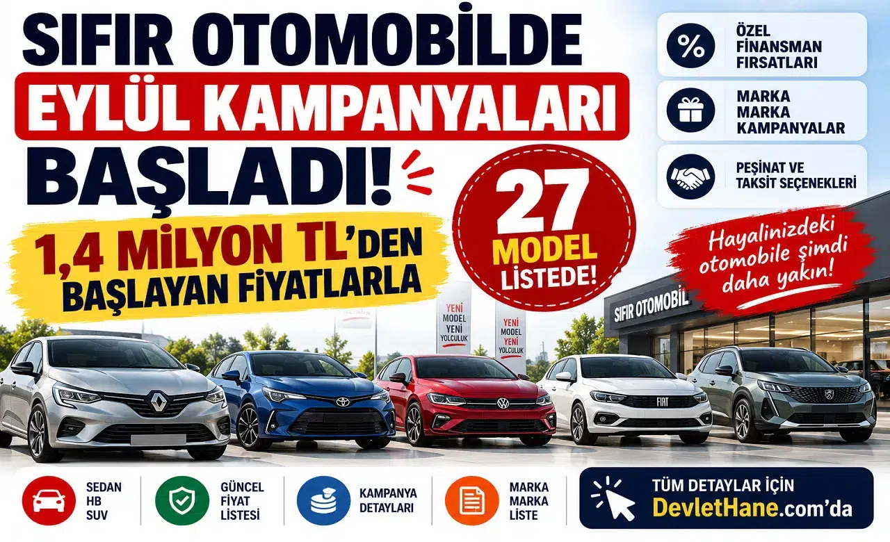 Sıfır Otomobilde Eylül Kampanyaları Başladı: 1,4 Milyon TL’den Başlayan Fiyatlarla 27 Model Listede