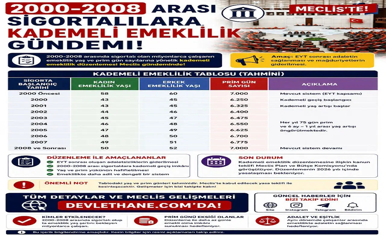 2000-2008 Arası Sigortalılara Kademeli Emeklilik Gündemi: Yaş ve Prim Tablosu Meclis’te