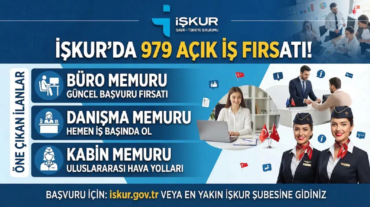 İŞKUR’da 979 Açık İş Fırsatı! Büro Memuru, Danışma Memuru ve Kabin Memuru İlanları Öne Çıktı
