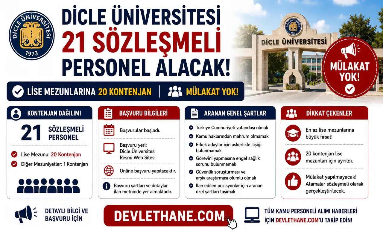 Dicle Üniversitesi 21 Sözleşmeli Personel Alacak: Lise Mezunlarına 20 Kontenjan, Mülakat Yok