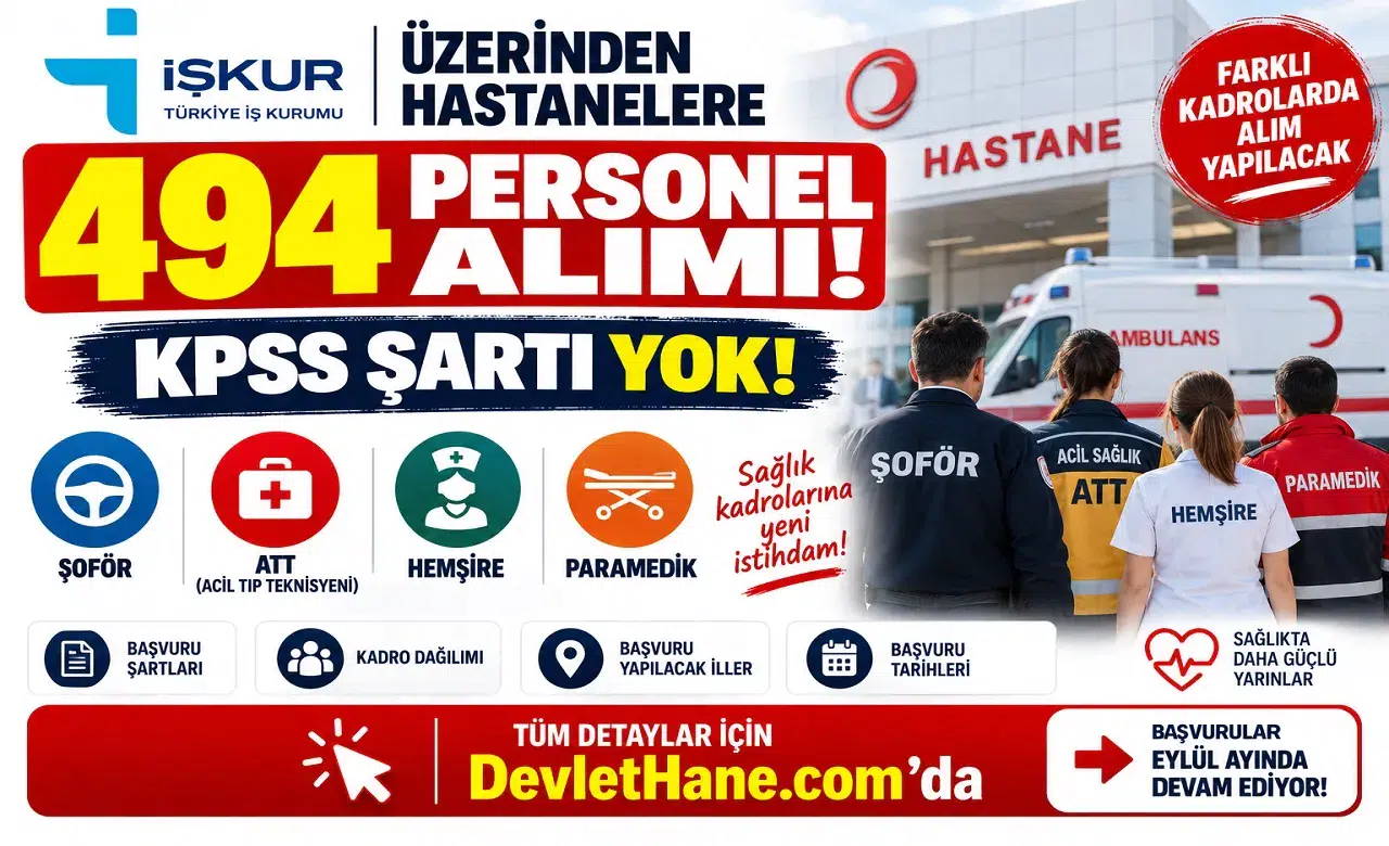 İŞKUR Üzerinden Hastanelere 494 Personel Alımı! KPSS Şartı Yok: Şoför, ATT, Hemşire ve Paramedik Alınacak