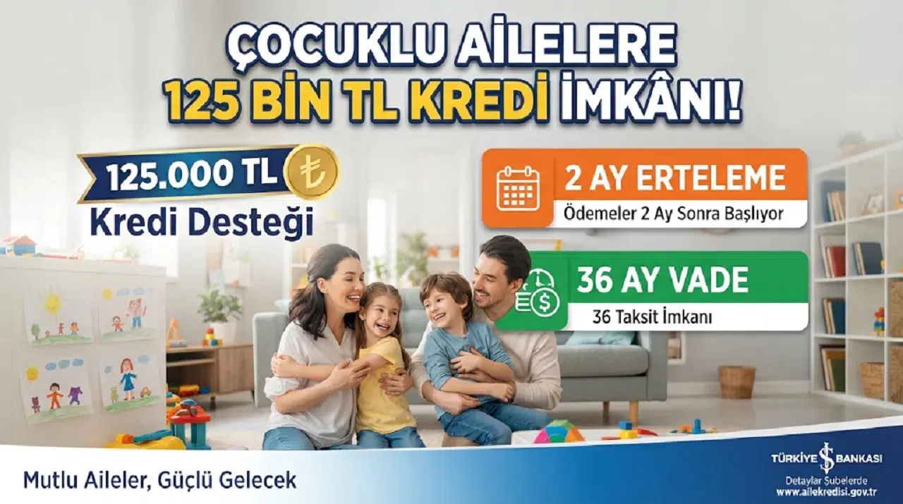 Çocuklu Ailelere 125 Bin TL Kredi İmkânı! 2 Ay Erteleme ve 36 Ay Vade Detayı