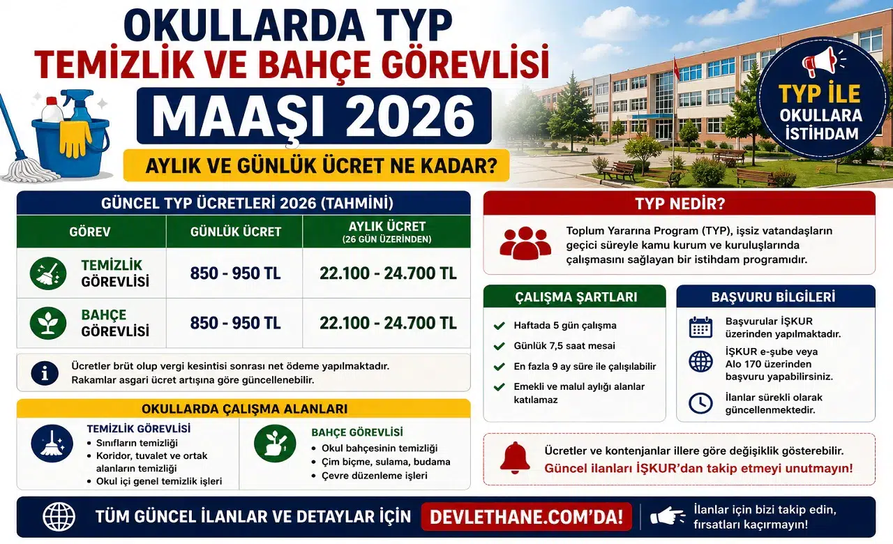 Okullarda TYP Temizlik ve Bahçe Görevlisi Maaşı 2026: Aylık ve Günlük Ücret Ne Kadar?