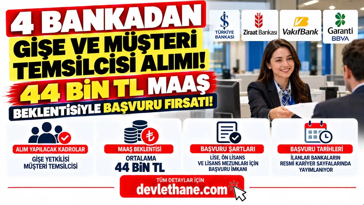 4 Bankadan Gişe ve Müşteri Temsilcisi Alımı! 44 Bin TL Maaş Beklentisiyle Başvuru Fırsatı