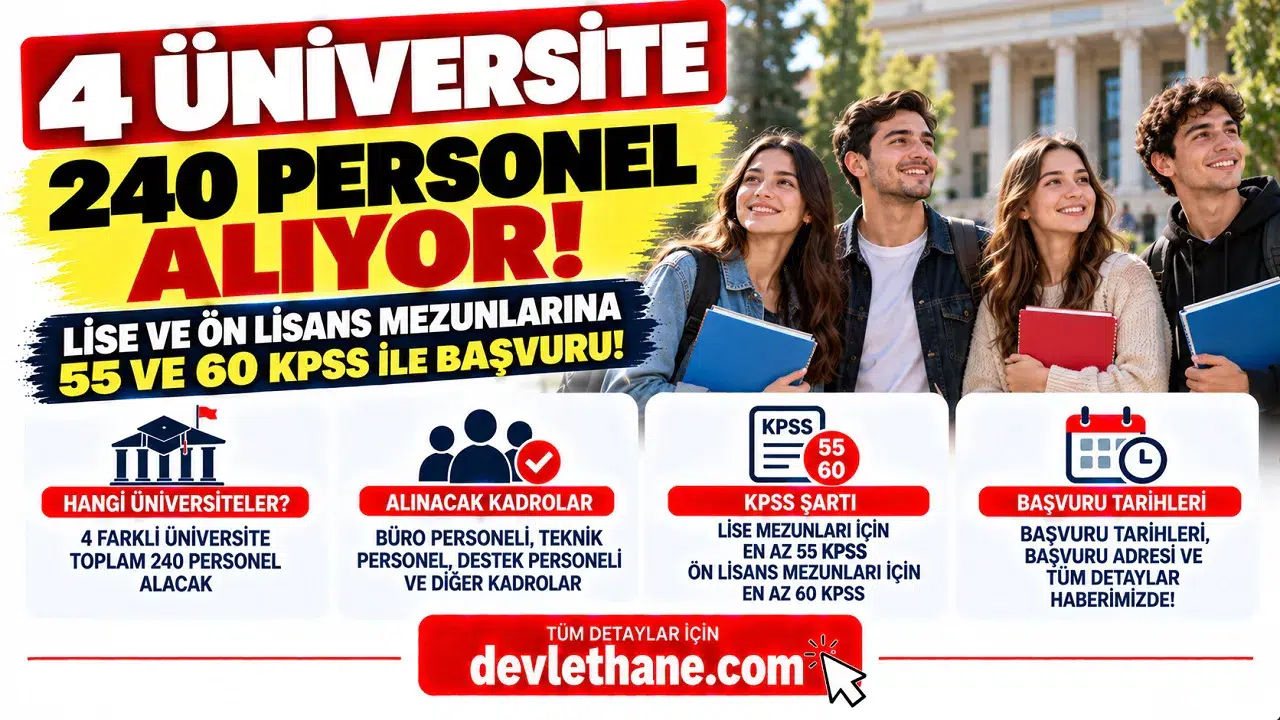 4 Üniversite 240 Personel Alıyor! Lise ve Ön Lisans Mezunlarına 55 ve 60 KPSS ile Başvuru