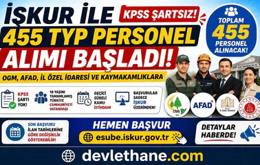 İŞKUR 455 TYP Personel Alımı Başladı! OGM, AFAD, Kaymakamlık ve İl Özel İdaresine KPSS Şartsız Personel Alınacak