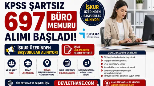 İŞKUR'dan KPSS Şartsız 697 Büro Memuru Alımı! En Az Lise Mezunları Başvurabilecek