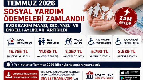 Temmuz 2026 Sosyal Yardım Ödemeleri Zamlandı! Evde Bakım Maaşı, SED, Yaşlı ve Engelli Aylıkları Artırıldı