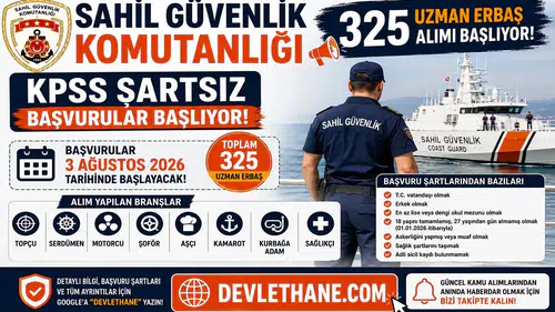 Sahil Güvenlik Komutanlığı 325 Uzman Erbaş Alımı Başlıyor! KPSS Şartsız Başvurular 3 Ağustos'ta Başlayacak