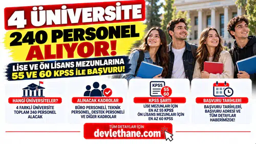 4 Üniversite 240 Personel Alıyor! Lise ve Ön Lisans Mezunlarına 55 ve 60 KPSS ile Başvuru