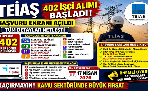 TEİAŞ 402 İşçi Alımı Başladı! Başvuru Ekranı Açıldı, Detaylar Belli Oldu