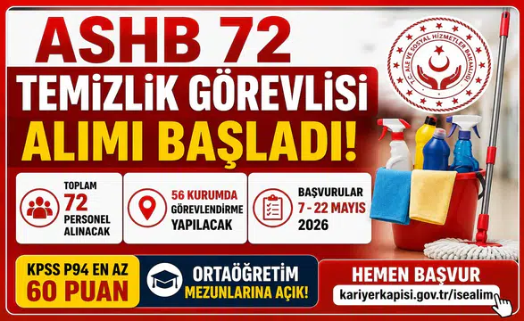 ASHB 72 Temizlik Görevlisi Alımı Başladı! 56 Kurumda Personel İstihdamı Yapılacak: Başvuru Şartları ve Kontenjanlar Açıklandı