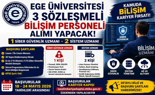 Ege Üniversitesi 3 Sözleşmeli Bilişim Personeli Alımı Yapacak! Siber Güvenlik Uzmanı ve Sistem Uzmanı Alınacak