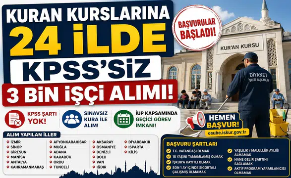 Diyanet’e Bağlı Kur’an Kurslarına KPSS’siz 3 Bin İşçi Alımı Başladı! 24 İlde Başvurular Alınıyor