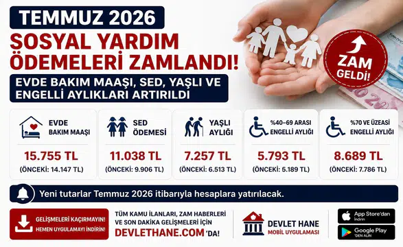Temmuz 2026 Sosyal Yardım Ödemeleri Zamlandı! Evde Bakım Maaşı, SED, Yaşlı ve Engelli Aylıkları Artırıldı