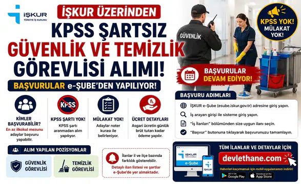 İŞKUR Üzerinden KPSS Şartsız Güvenlik ve Temizlik Görevlisi Alımı! Başvurular e-Şube’den Yapılıyor