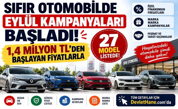 Sıfır Otomobilde Eylül Kampanyaları Başladı: 1,4 Milyon TL’den Başlayan Fiyatlarla 27 Model Listede